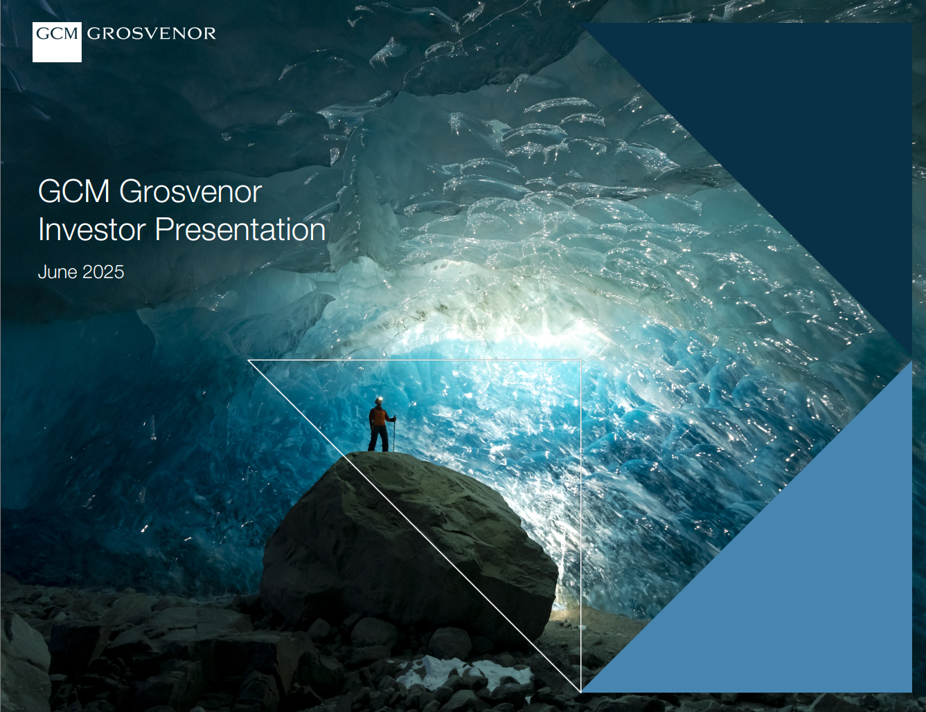 Cover slide for GCM Grosvenor’s “Investor Presentation – June 2025,” featuring a person standing on a rock inside a blue ice cave.