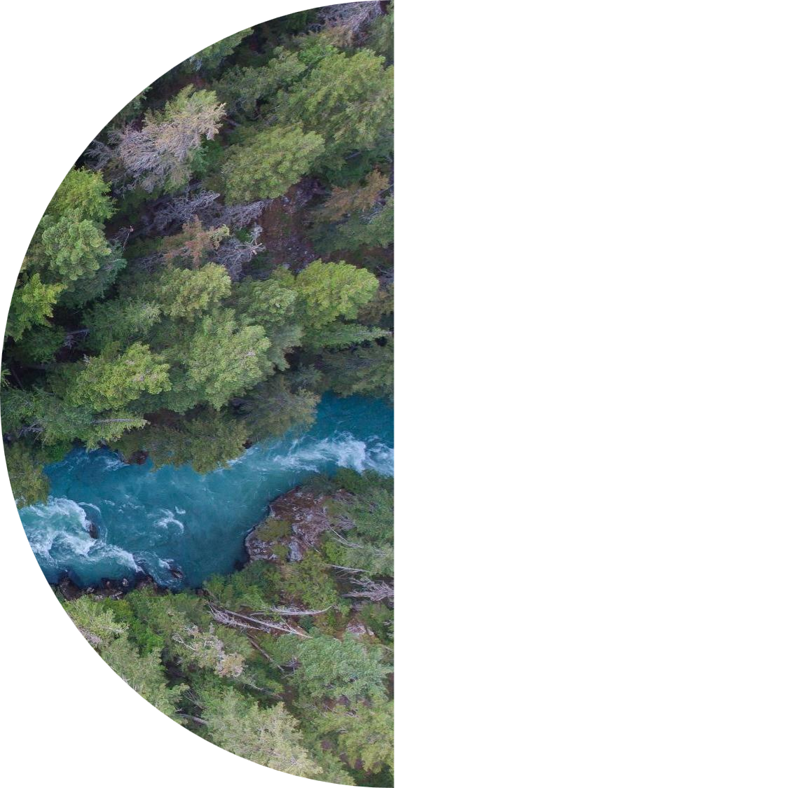 Oval-cropped aerial view of a vivid turquoise river winding through dense green forest, with whitewater rapids visible along the rocky shoreline.