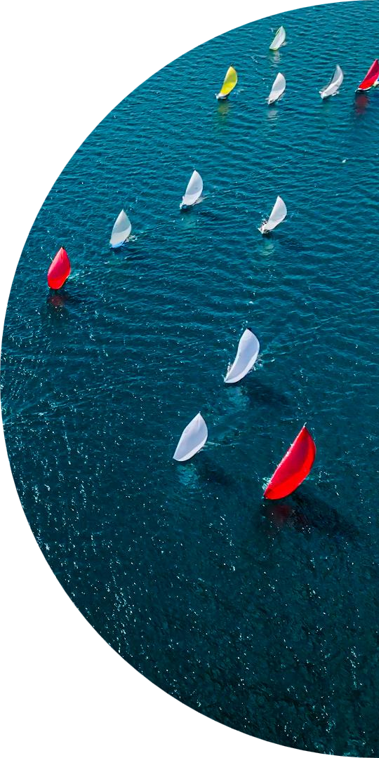 Oval-cropped aerial view of small sailboats with white, red, and yellow sails racing across deep blue water.