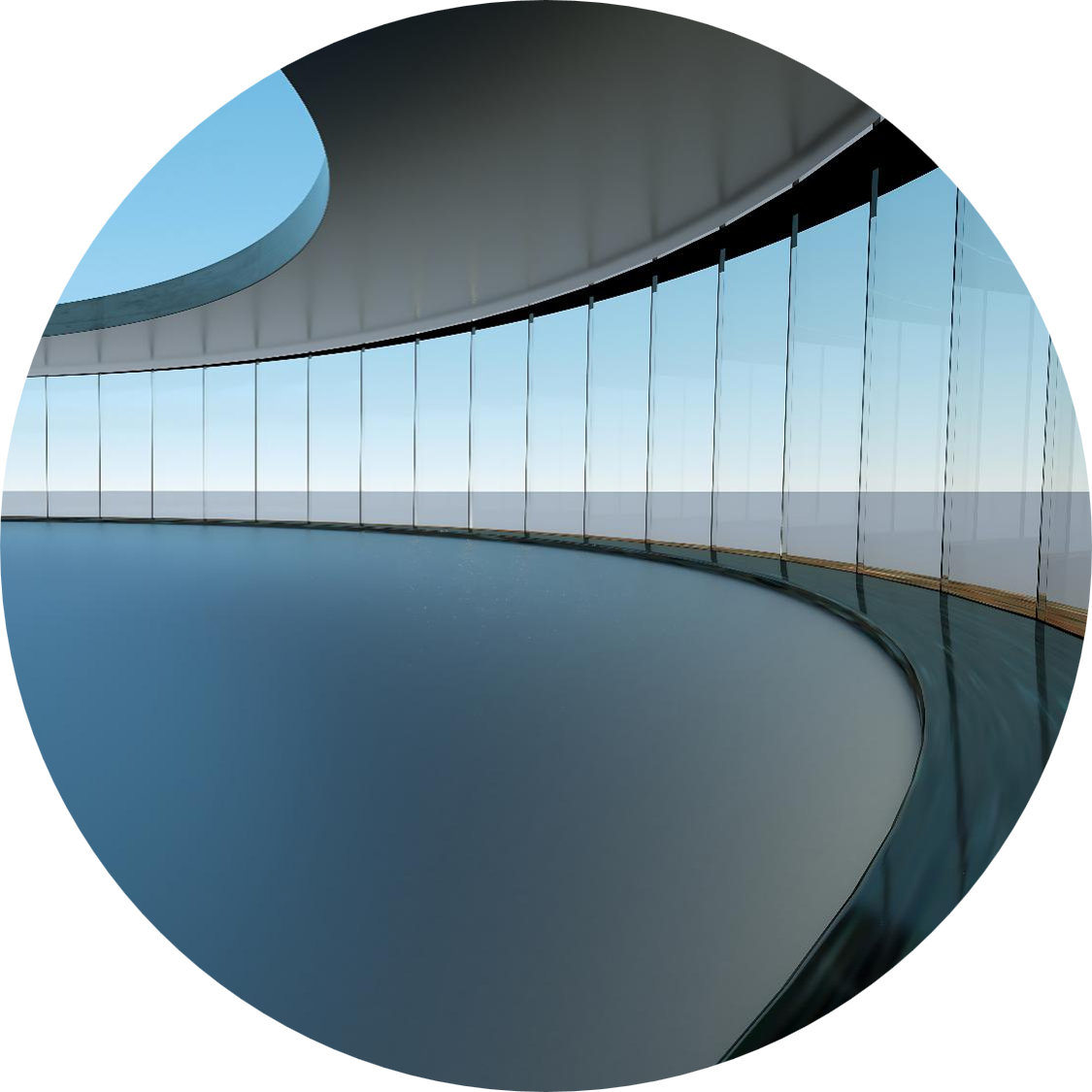 Modern curved interior space with floor-to-ceiling glass windows overlooking the horizon and a reflective circular floor.