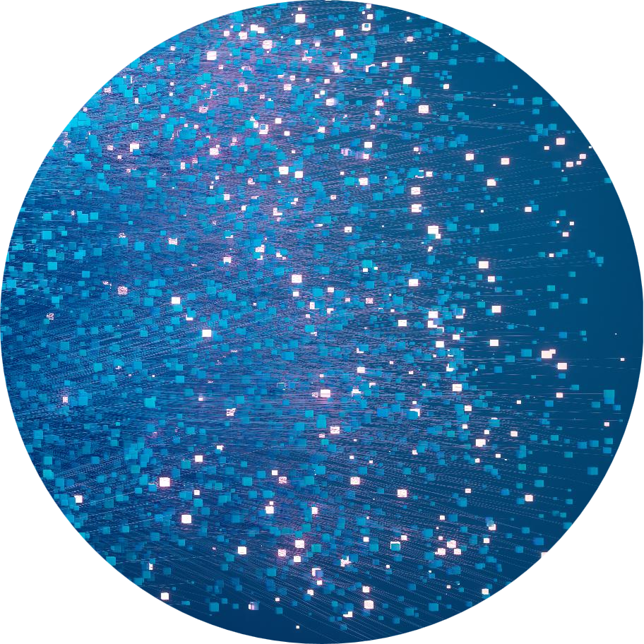 Abstract blue digital background shaped like an oval, filled with small glowing squares and streaks that resemble data points or stars moving across a network.