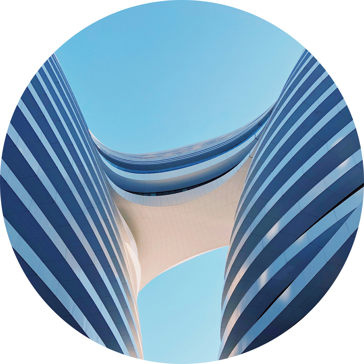 Two buildings connected with a geometric bridge