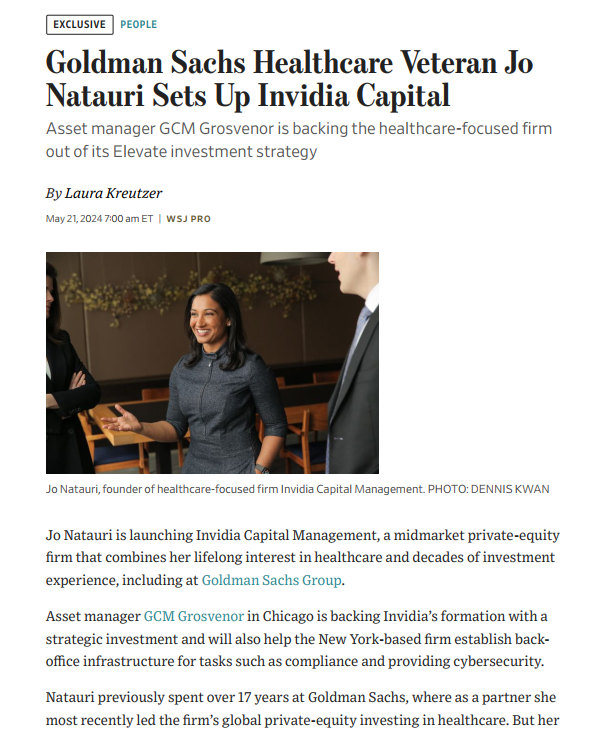 Thumbnail of the Wall Street Journal article about Jo Natauri setting up Invidia Capital