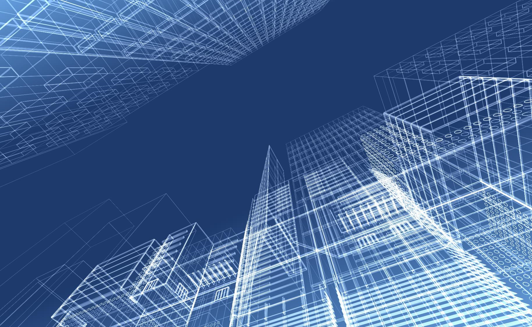 Abstract wireframe illustration of skyscrapers and buildings in a digital cityscape against a blue background.